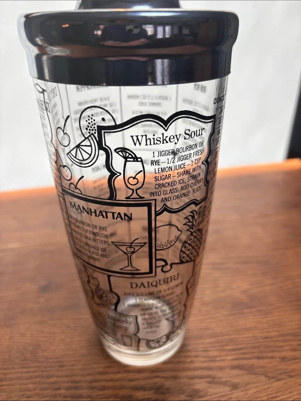 Vintage MCM Cocktail Shaker with Recipe Graphics - Silver & Clear
